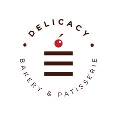 the delicacy bakery and patissee logo is shown in brown on a white background