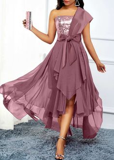 ROTITA Asymmetric Hem Dusty Pink Belted High Low Dress Pink High Low Dress, Lavender Prom Dresses, 파티 드레스, Dresses Formal Elegant, Chiffon Gown, Butterfly Sleeves, Mother Of The Bride Dresses, Belted Dress, Purple Dress