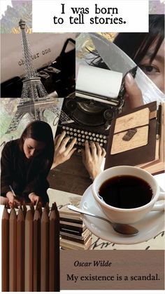 a woman typing on an old typewriter next to a cup of coffee and pencils