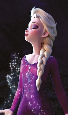 a frozen princess with long blonde hair and purple dress is holding her hands out to the side