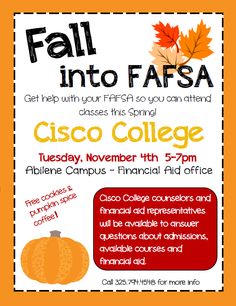 the fall into afsa flyer is shown with an image of a pumpkin and leaves