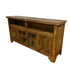 an old wooden entertainment center with glass doors and drawers on one side, isolated against a white background