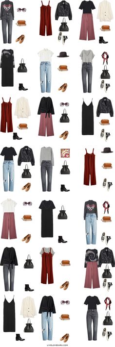 an assortment of clothes and shoes are arranged in the shape of a grid on a white background