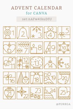 a calendar with numbers and symbols for the month of december in gold on a white background