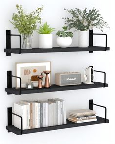 two black shelves with plants and books on them