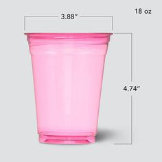 a pink cup is shown with measurements for the bottom and side sides, along with its lid