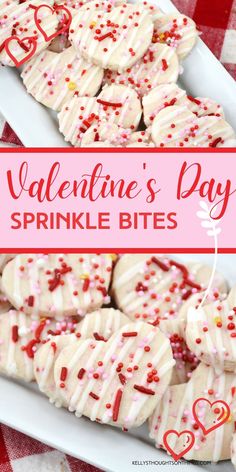 valentine's day sprinkle bites on a plate with the title overlay