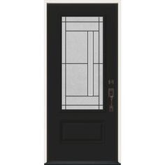 the front door is black and has a glass paneled window on top of it