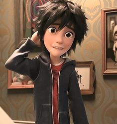 an animated character is standing in front of some pictures and holding his hair up to the side