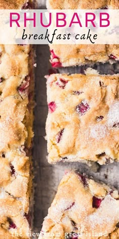 rhubarb breakfast cake with powdered sugar on top and raspberries in the middle