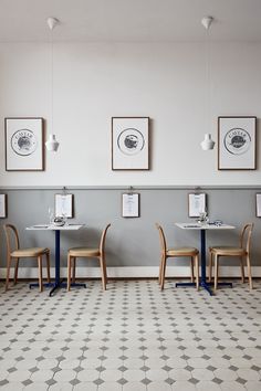 two pictures of tables and chairs in a restaurant, one is empty the other has no people