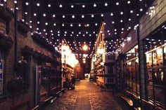 an alley way with lights strung from the ceiling