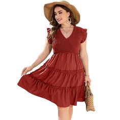 Step into summer with elegance and ease in the KOJOOIN Plus Size Sleeveless Summer Dress. This charming babydoll dress features a flattering V-neck and playful ruffle smocking that enhances its feminine appeal.

- Size: 5XL
- Color: Brick Red
- Material: Not specified
- Gender: Female
- Age Group: Adult
- Style: Sleeveless, V-neck, ruffle smocked, babydoll silhouette

Perfect for warm weather outings, this dress promises both comfort and style, making it a must-have in your wardrobe for casual g Western Dress For Women, Summer Dress For Women, Sleeveless Summer Dress, Plus Size Summer Dresses, Flowy Midi Dress, Ballet Dress, Ruched Bodycon Dress, Sleeveless Dress Summer, Poplin Dress