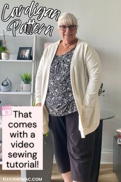 an older woman standing in front of a bookcase with the title, garden pattern that comes with a video sewing tutor