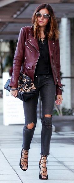 Burgundy Leather Jacket Outfit, Burgundy Leather Jacket, Leather Jacket Outfits, Stana Katic, Jacket Outfit, Outfit Trends, Outfit Combinations, 가을 패션