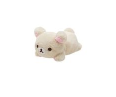 a white teddy bear with pink ears is flying through the air on a white background