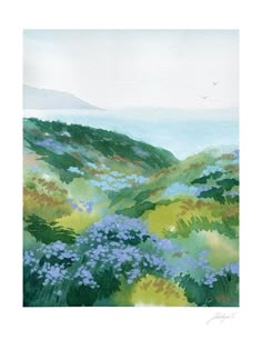 watercolor painting of blue flowers on the side of a hill with hills in the background