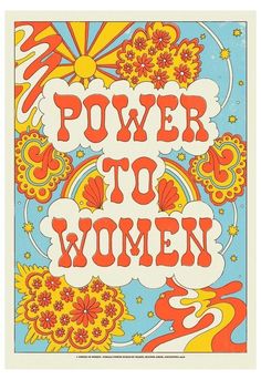 a poster with the words power to women written in red, yellow and blue colors