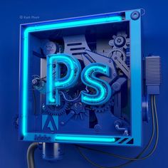 the letters p and s are illuminated in blue neon lights, with gears inside them