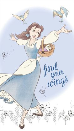 a drawing of a woman holding a basket with a baby in it and the words find your wings above her