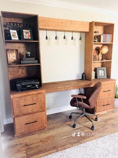 a desk with a chair and bookshelf next to it in a living room