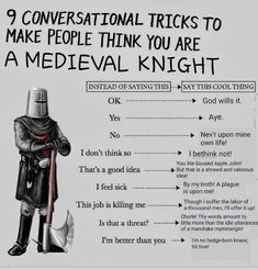 a poster with an image of a medieval knight holding a sceptacle and the words, 9 conversational tricks to make people think you are a medieval knight