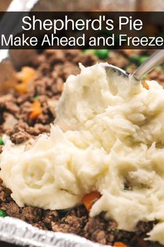 shepherd's pie with mashed potatoes and green beans in a foil container on a table