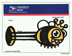 a drawing of a bee with a crown on it's head and the words priority mail