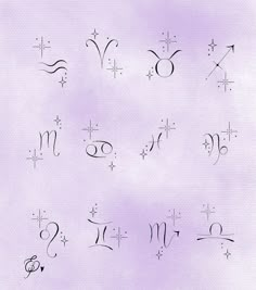 the zodiac signs are drawn in black ink on a light purple background with white stars