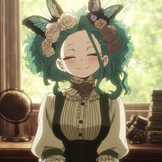 an anime character with green hair and flowers in her hair, standing next to a window