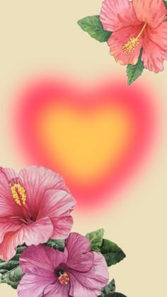 two pink flowers are in front of a heart shaped background with green leaves and red flowers