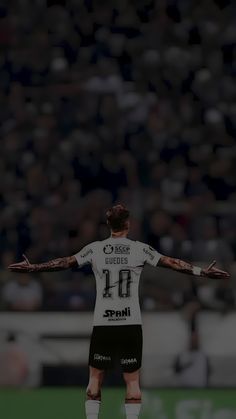 a soccer player with his arms stretched out in front of an audience at a sporting event