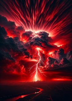 a red sky filled with clouds and lightning