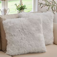 two white pillows sitting on top of a couch in front of a window next to a potted plant