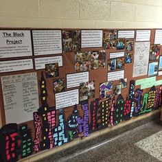 a bulletin board that has been decorated with pictures and words on it, along with other writing