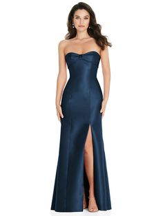 Show Off Your Shape In An Elegant Satin Twill Gown. A Trumpet Silhouette Creates A Dramatic Hourglass Silhouette, While A Strapless Neckline Is Adorned With A Bow Cuff That Draws The Eye And Adds Just The Right Touch Of Decoration To A Soft, Slitted Skirt. Shown In Sofia Blue. Trumpet Silhouette, Prom Dress Inspo, Strapless Prom Dress, Hourglass Silhouette, Trumpet Gown, Strapless Neckline, Prom Dress Inspiration, Infinity Dress, Cute Prom Dresses