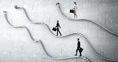 business people walking up stairs to the top of a hill with an arrow drawn on it