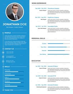 a blue and white resume template with an image of a man's face on it