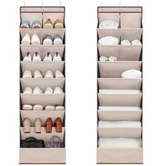 two shelves with shoes and purses on them, one is open to the other