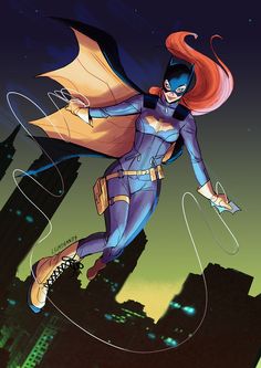 a woman flying through the air while wearing a bat suit and holding onto a string