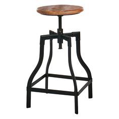 an industrial style stool with wooden seat