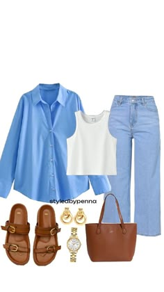 Dark Blue Jeans Outfit Spring, Light Blue Pants Work Outfit Women, Light Blue Polo Outfit For Women, Simple But Elegant Outfits, Blue Shirt Outfits Women, Neat Casual Outfits, Simple Style Outfits, University Outfit, Effortlessly Chic Outfits