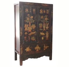 an old wooden cabinet with painted designs on it