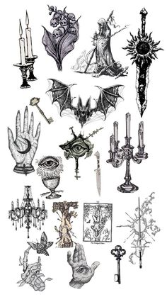 an assortment of different types of tattoos on a white background with black and white ink