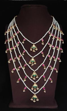 A beautiful traditional panch ladaa. With real ruby and kundan stones. Ruby Necklace Designs, Ruby Jewelry Necklaces, Pearl Mala, Necklace Combo, Fancy Jewellery Designs, Gold Bride Jewelry, Gold Jewellery Design Necklaces, Jewelry Design Earrings