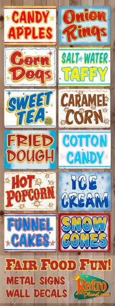 an advertisement for candy and other sweets on the side of a wooden wall with words written in