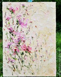 a painting of pink flowers on a white background