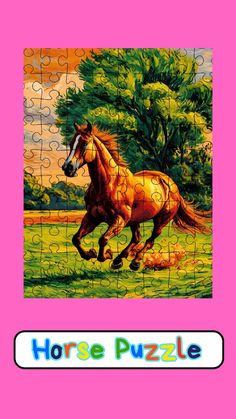 a horse is running through the grass in front of a pink background with words that read horse puzzle