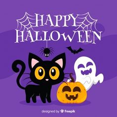 two black cats and a ghost on purple background with happy halloween written in the center