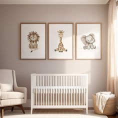 a baby's room with three pictures on the wall and a white crib